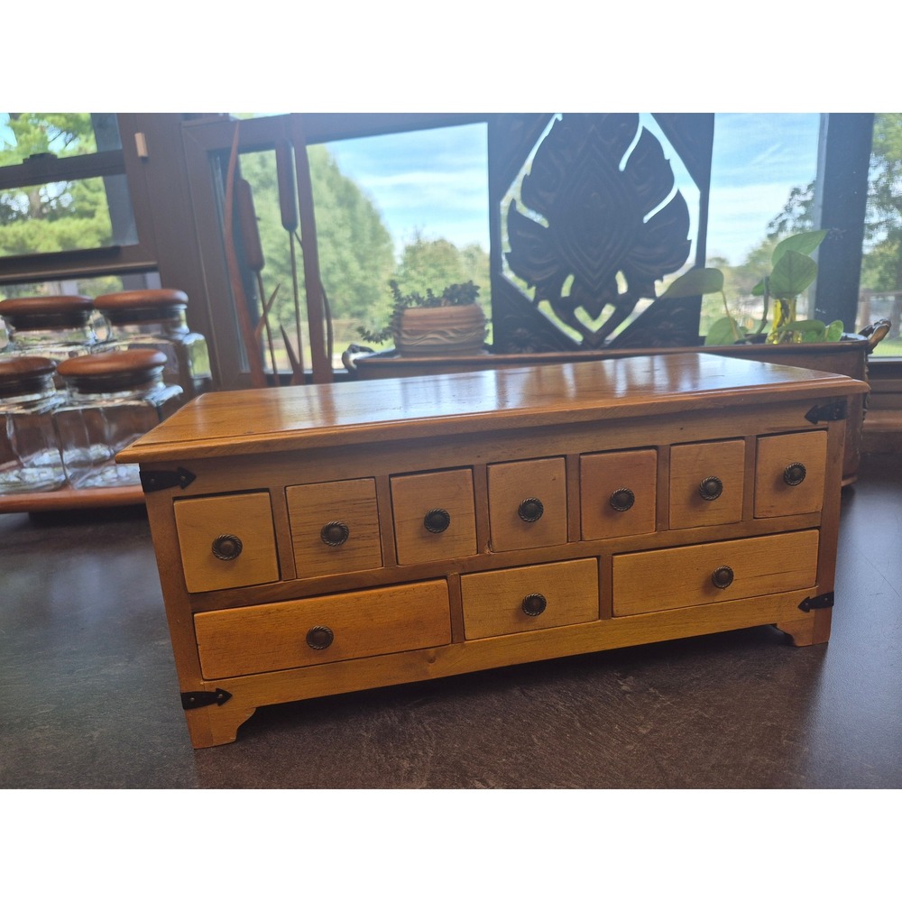 Vintage Wooden Apothecary Spice Chest 10 Drawer Jewelry Box Desktop Organizer
